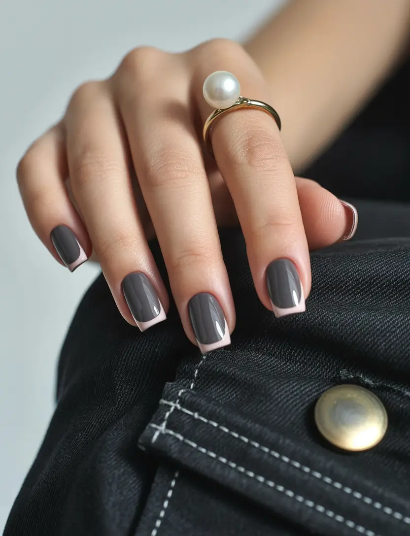french nails Graphite Grey French With Soft Pink Edge