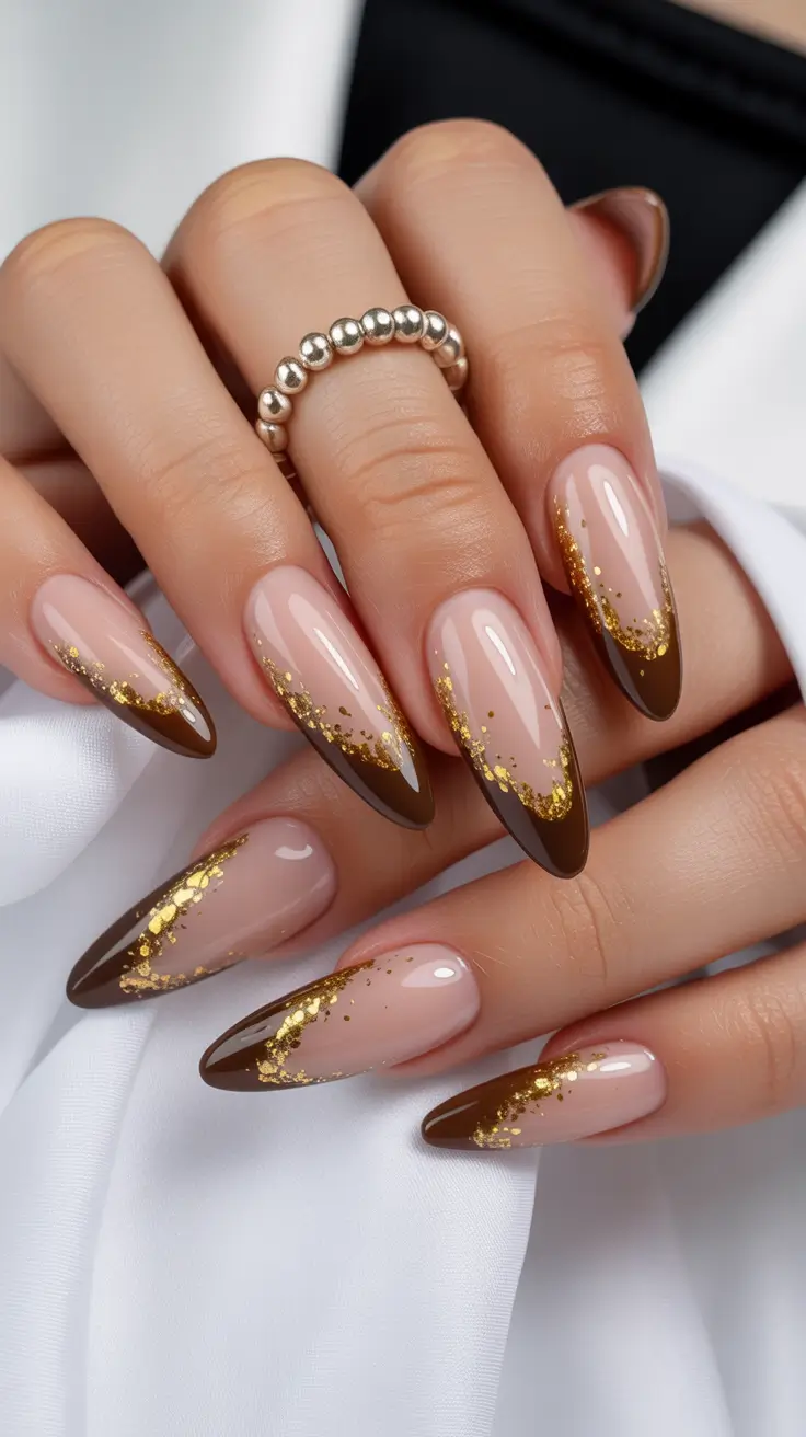 french nails Brown French With Gold Glitter Accent