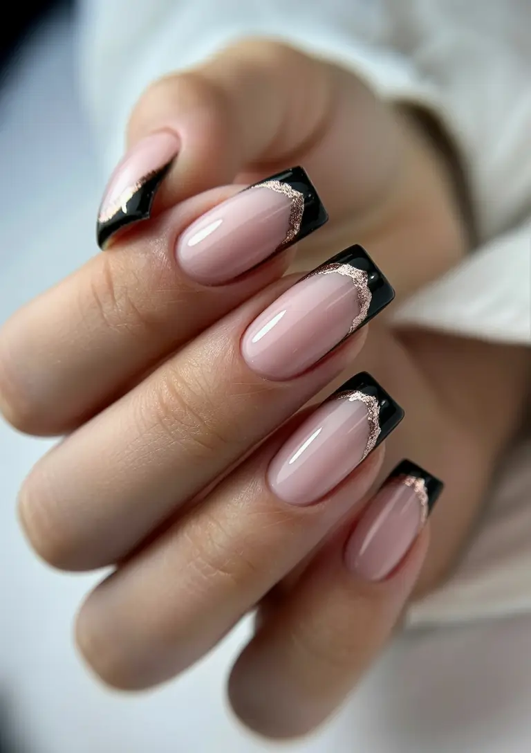 french nails Black French With Soft Rose Border