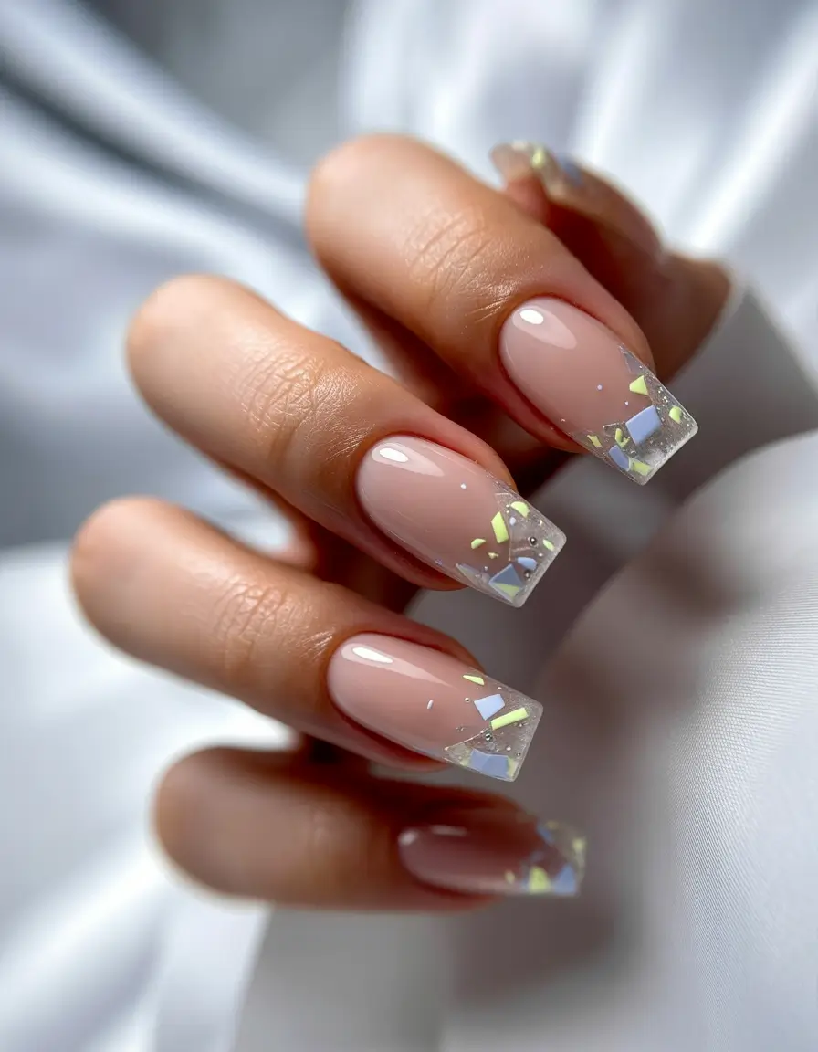 french nails Clear French With Iridescent Shards