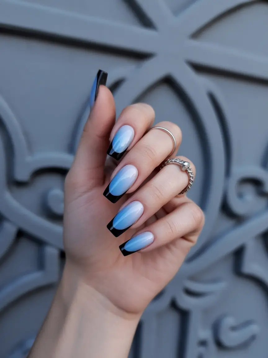 french nails Blue Ombre French With Graphic Black Tips