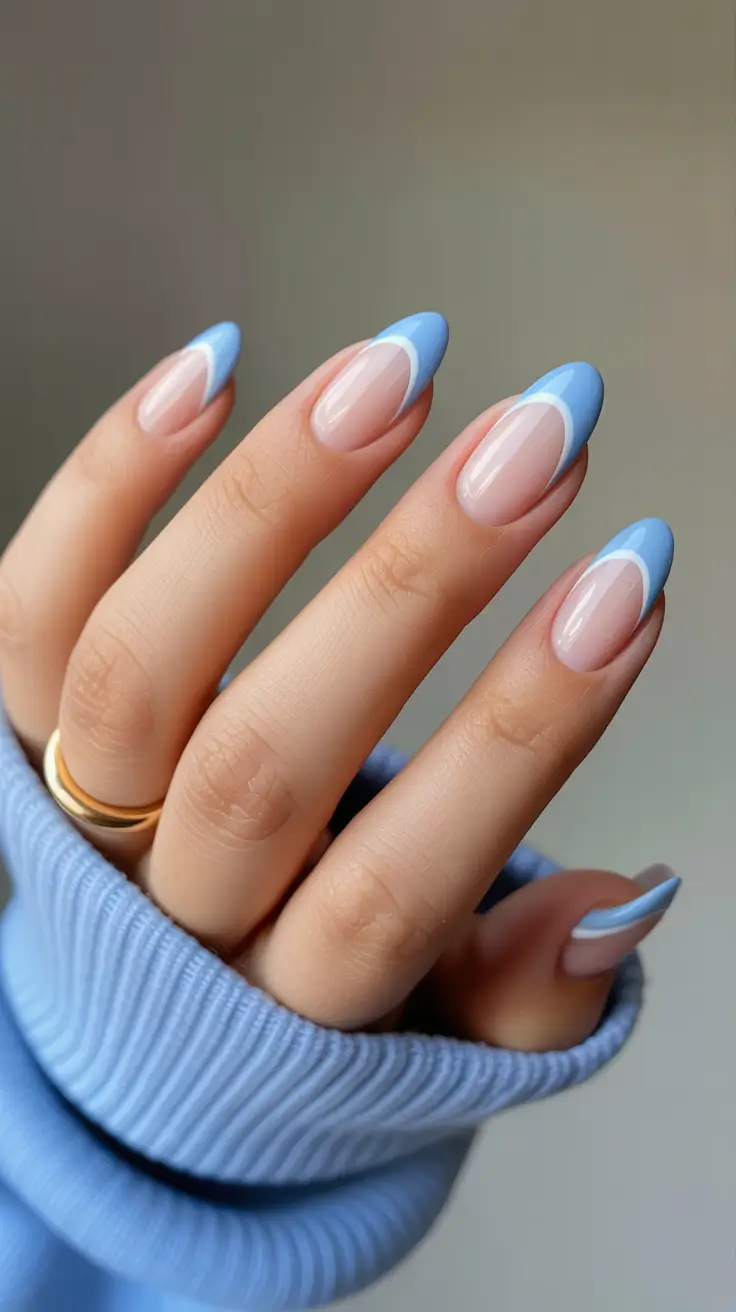 french nails Soft Baby Blue French With Clean Curved Tips