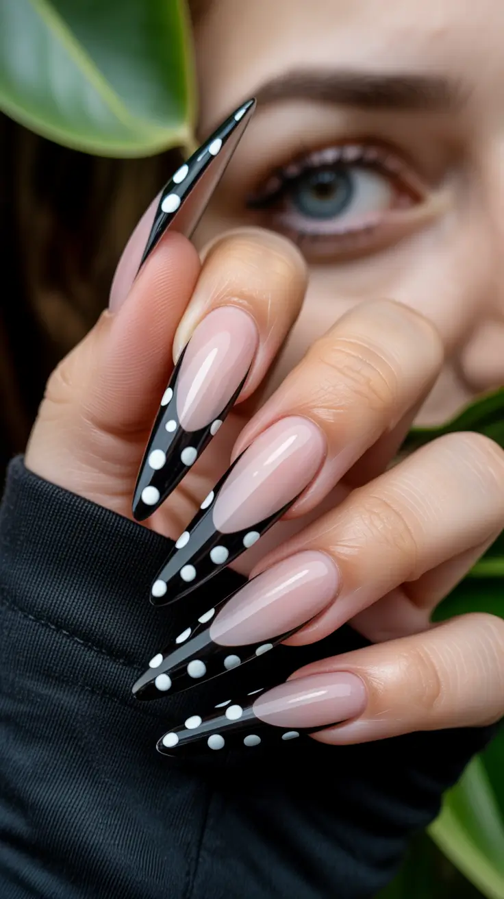 french nails Graphic Black And White Polka Dot French