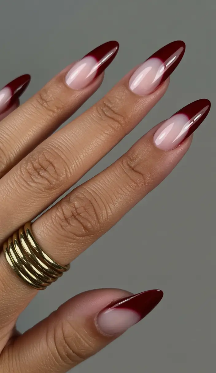 french nails Burgundy Double French With Soft Fade