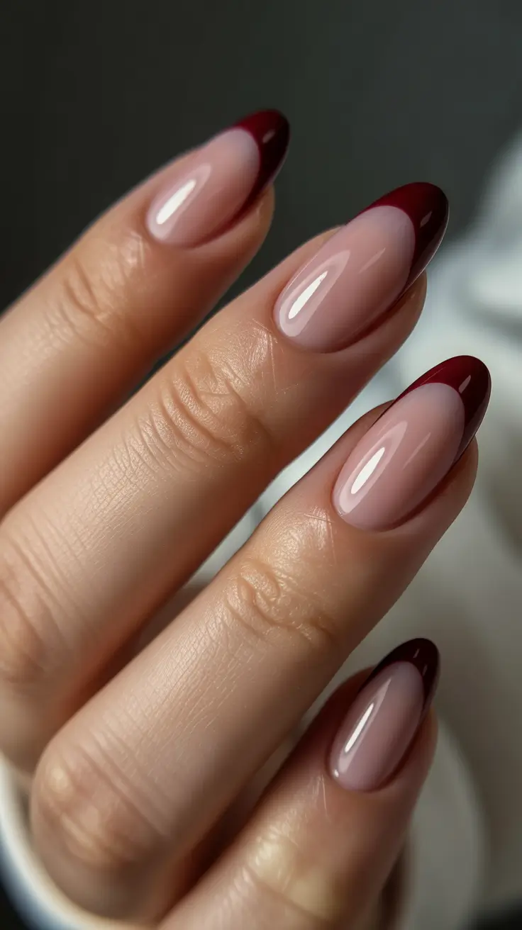 french nails Classic Burgundy French On Almond Nails