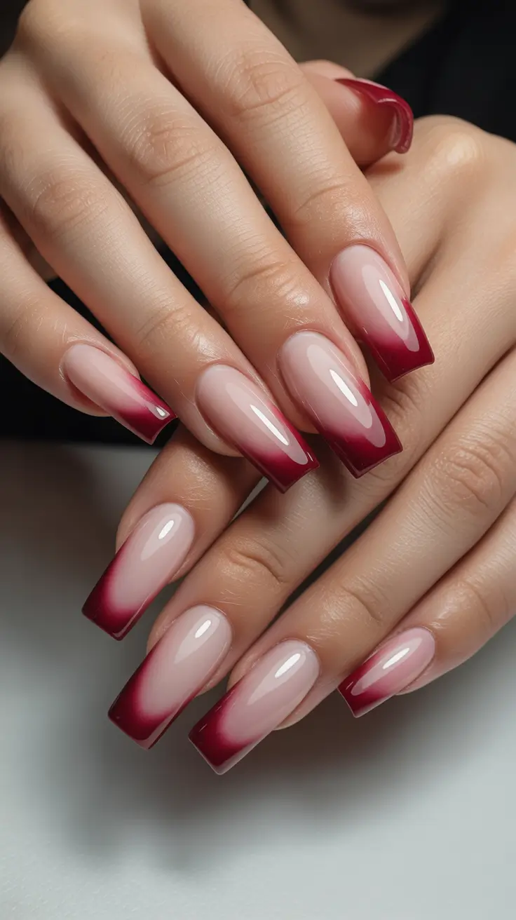 french nails Deep Red Square French With Sharp Edges