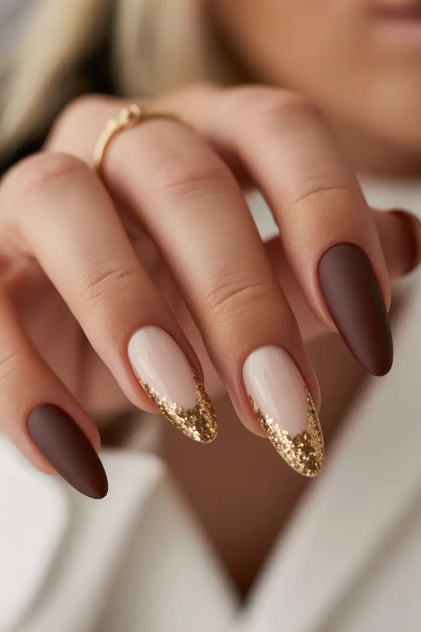 gold nails brown and matte with gold glitter art