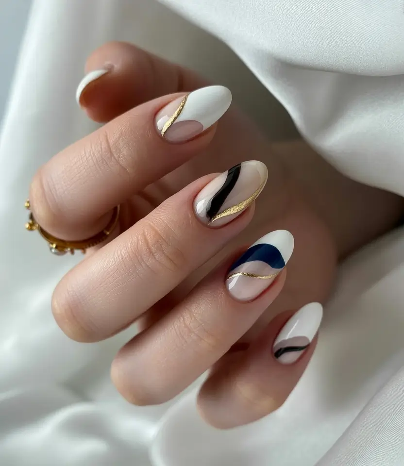 gold nails white and gold abstract designs