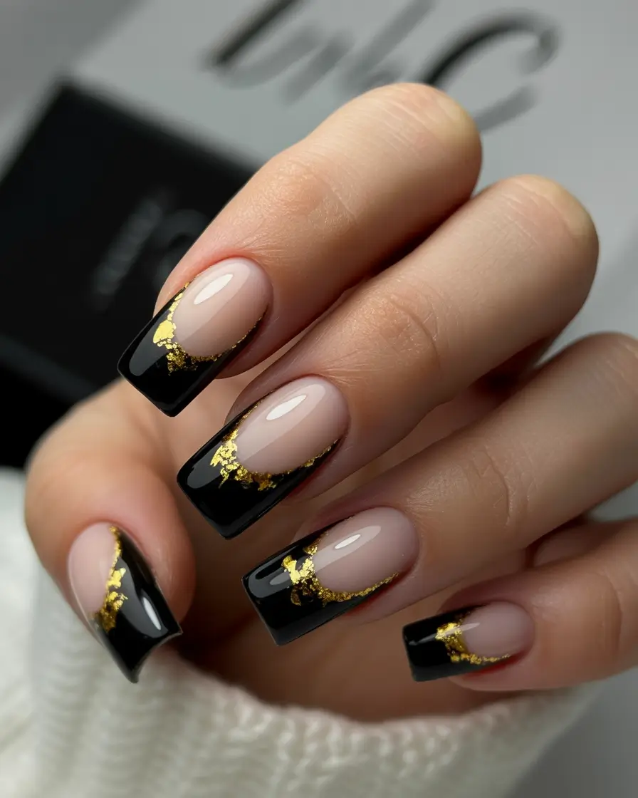gold nails black and gold french designs