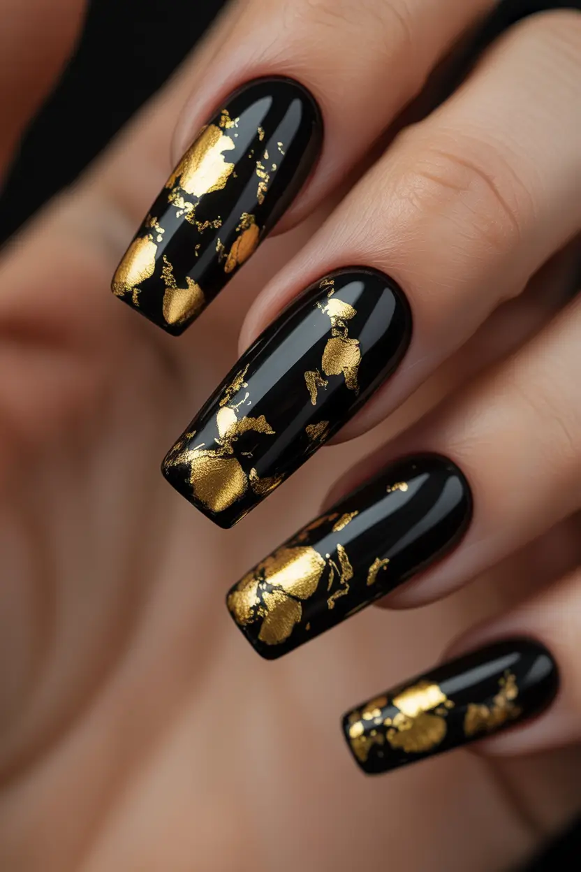gold nails black and gold foil art