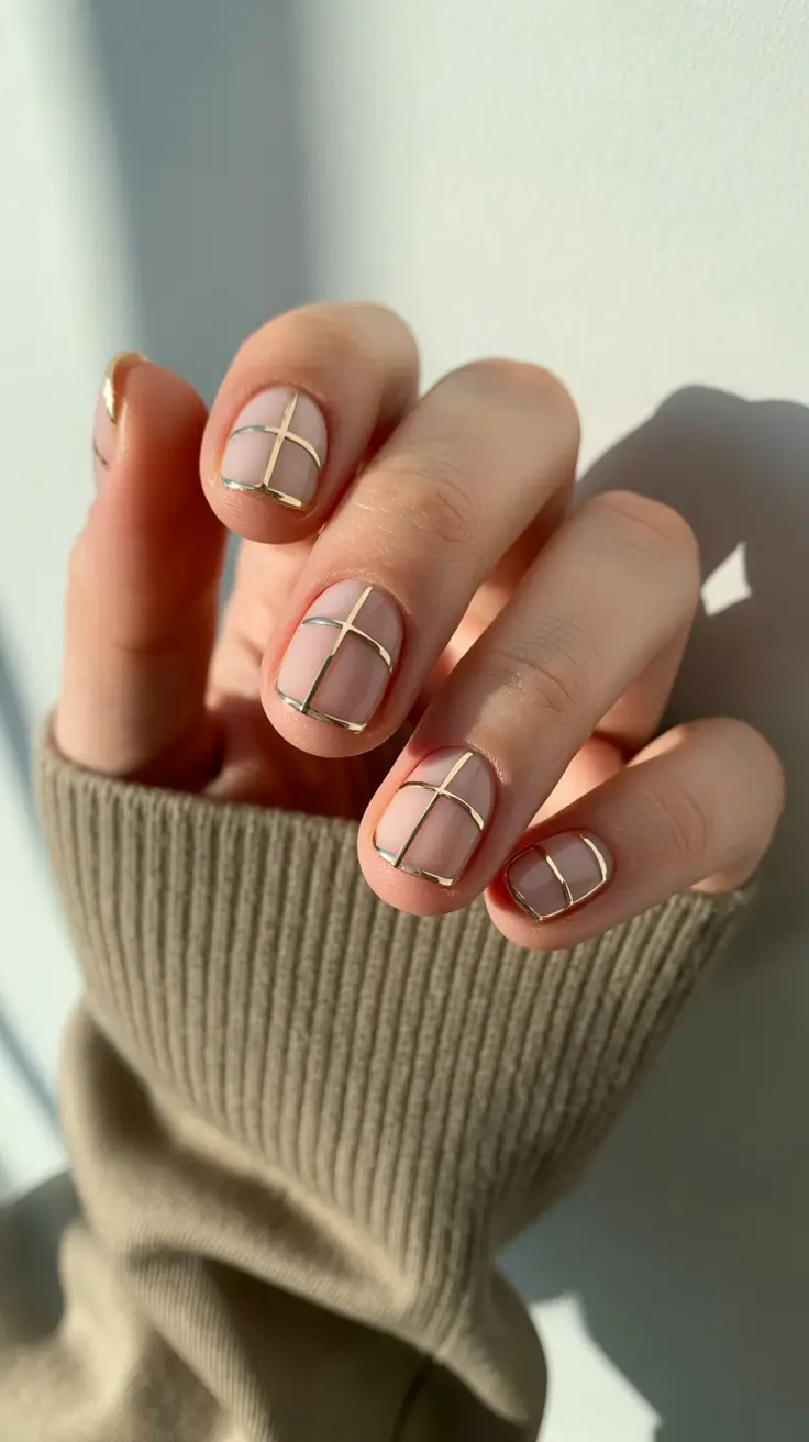 gold nails simple nude and gold line designs