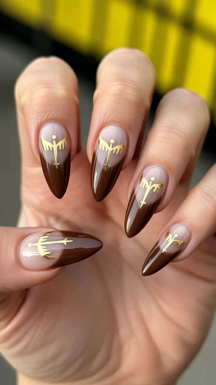 gold nail designs 2026 graphic gold art on cocoa bases