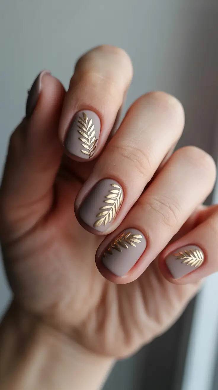 gold nails taupe and gold botanical designs