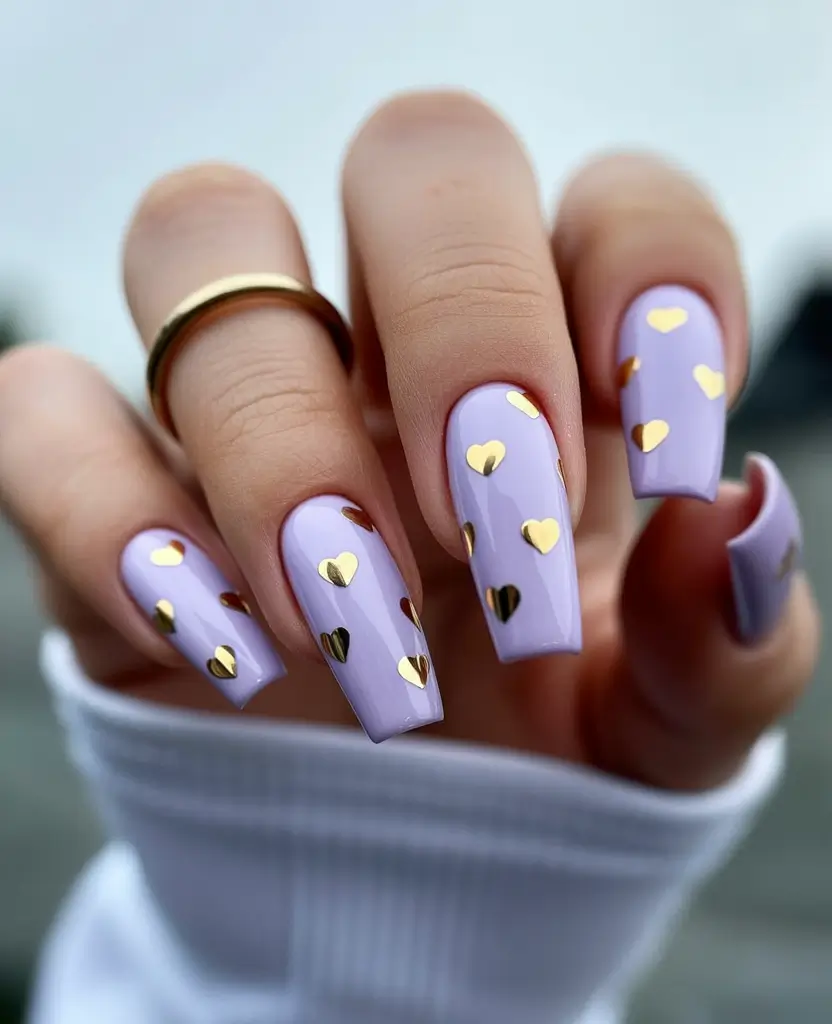 gold nails purple and gold heart designs