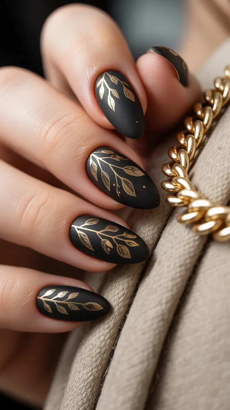 gold nails black and matte botanical art