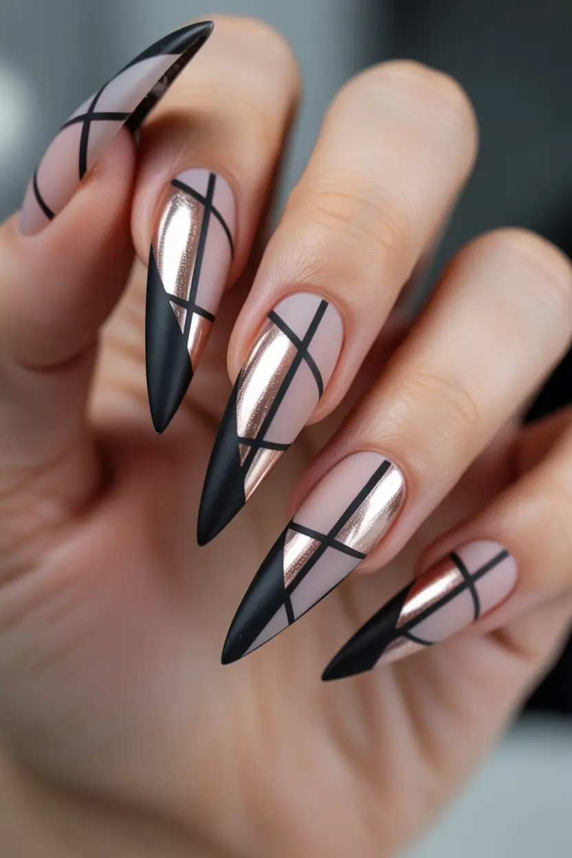 gold nails rose gold black and graphic designs