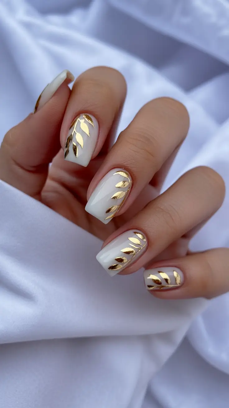 gold nails white and gold leaf classy designs