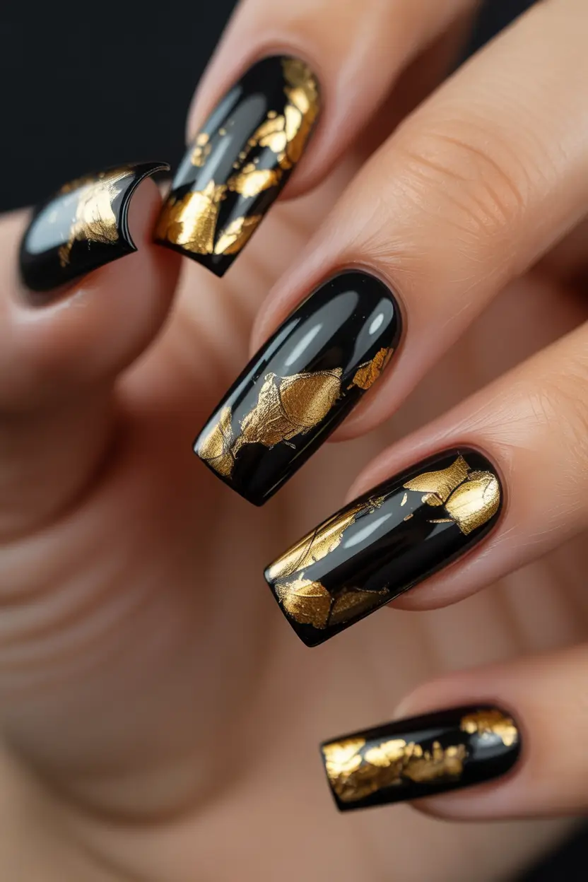 gold nails black and gold foil statement art