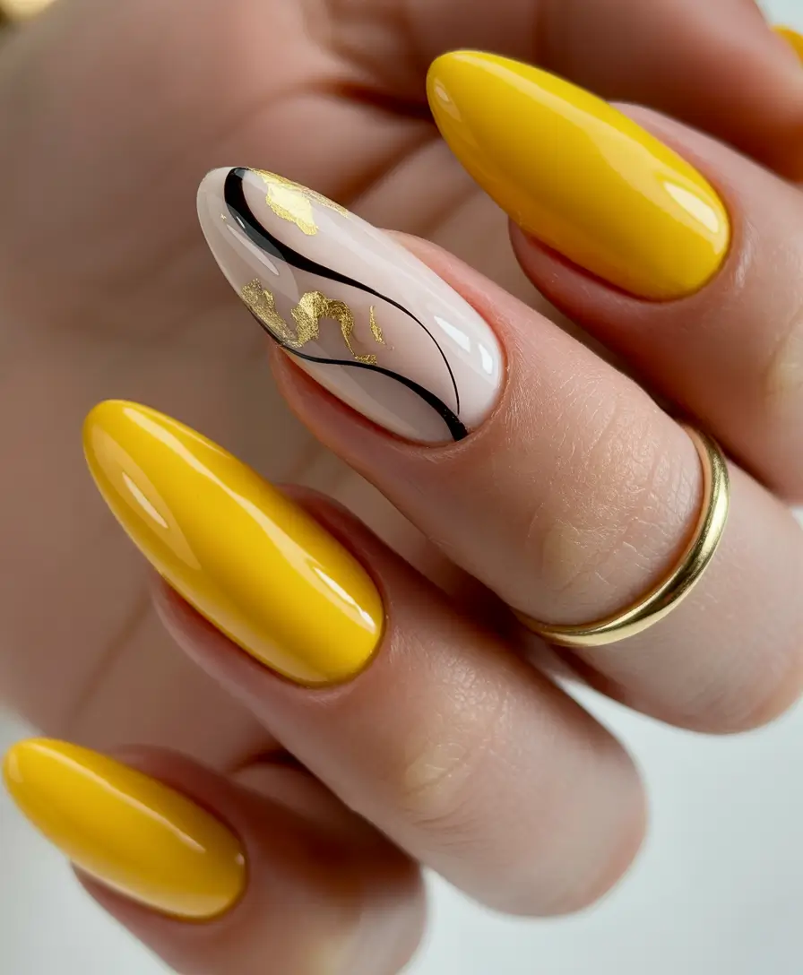 gold nail designs 2026 sunlit yellow with soft gold accents