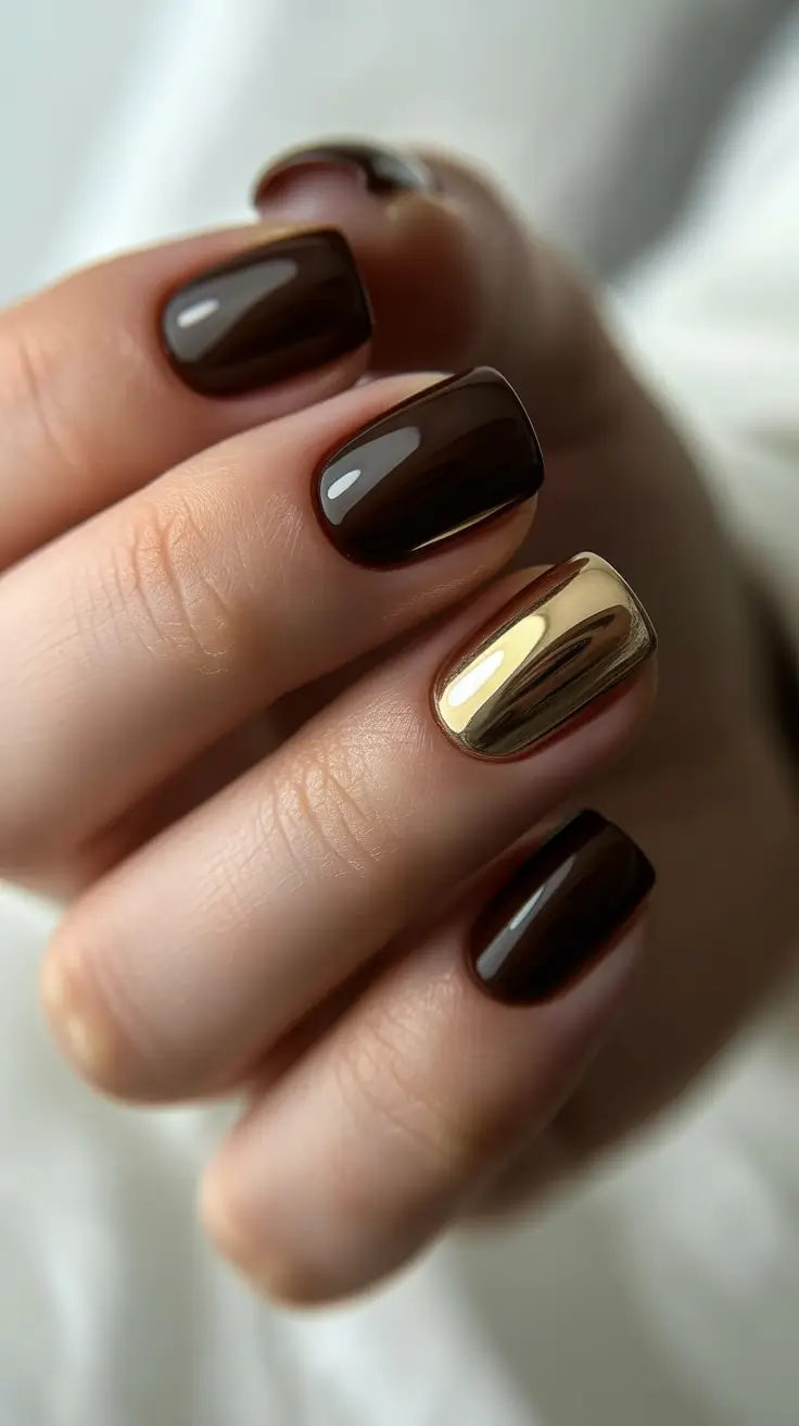 gold nails short brown and gold accent