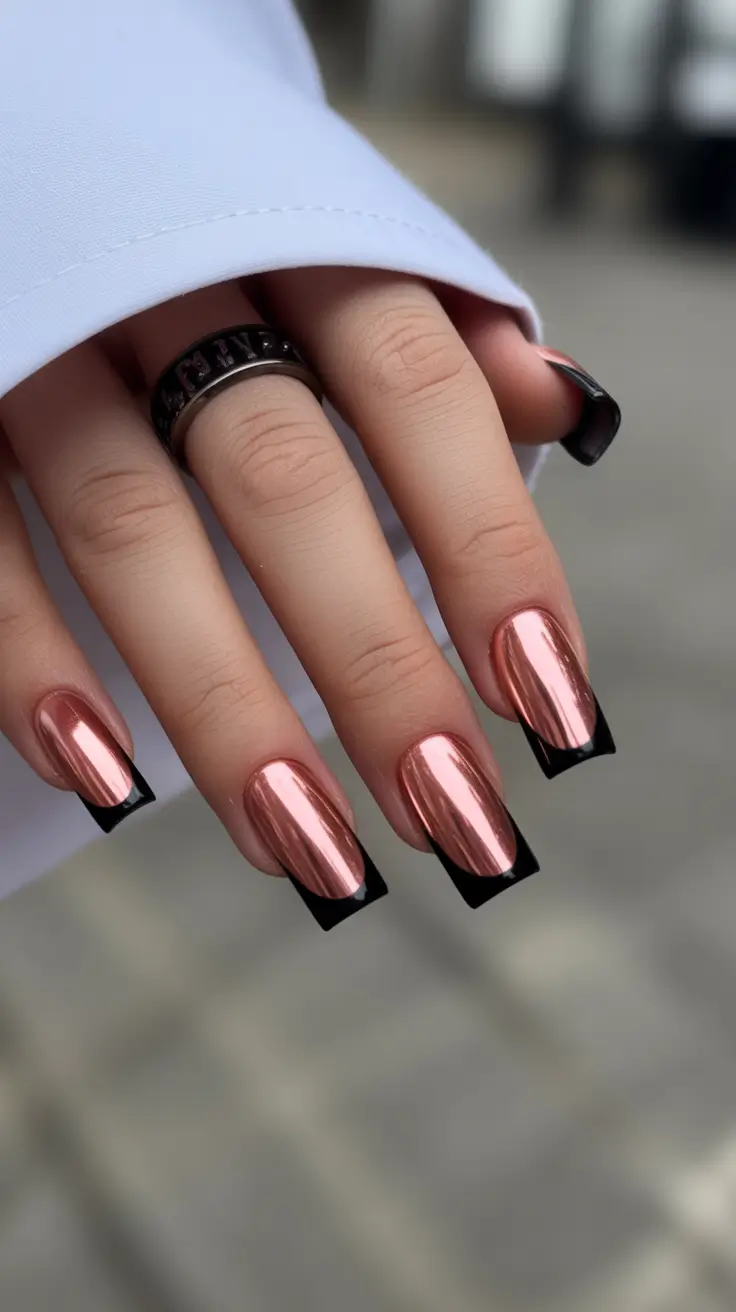 gold nails rose chrome black and tips