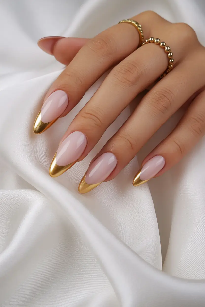 gold nails pink and gold tips classy