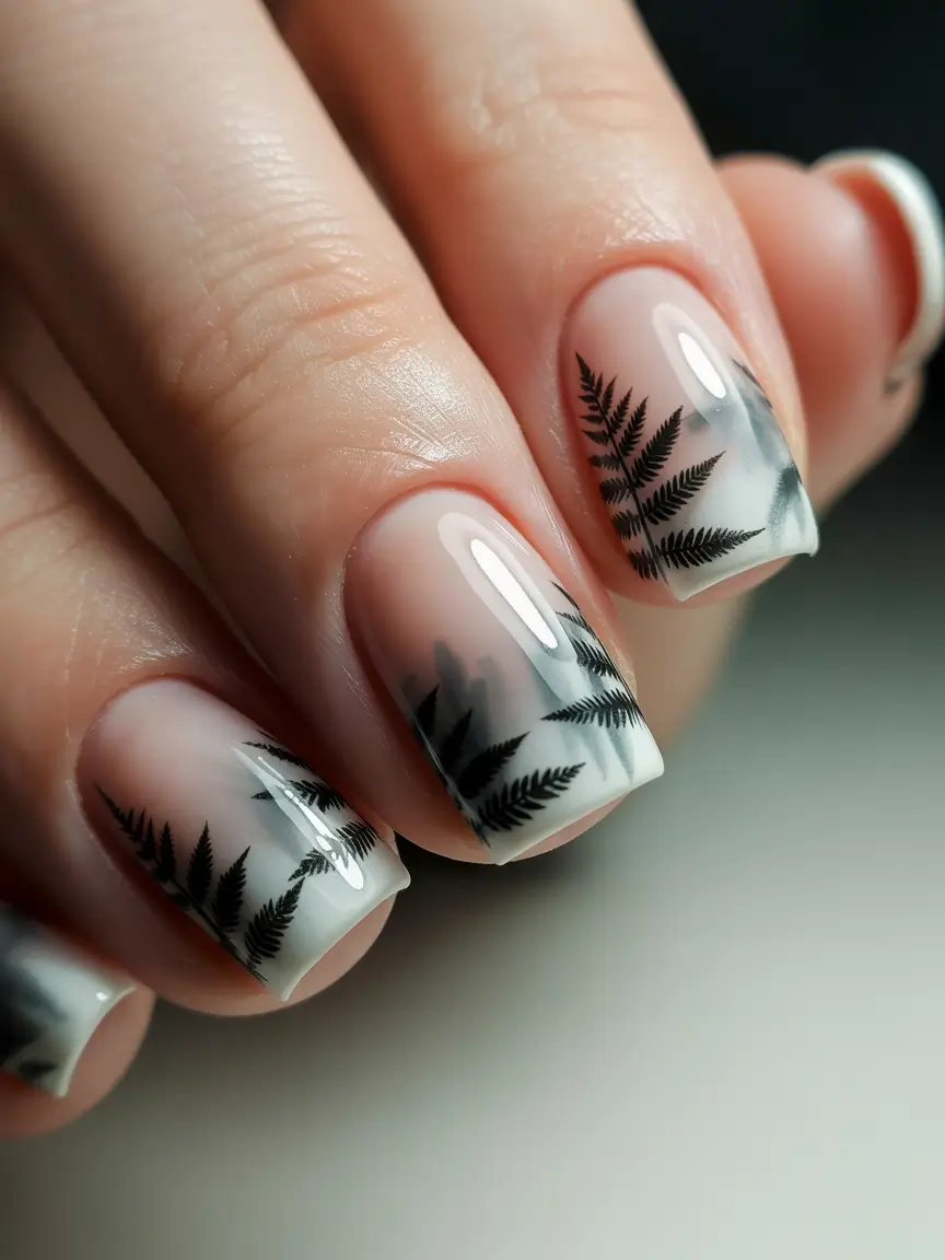 nails desig Soft Botanical Gradient With Minimalist Fern Accents