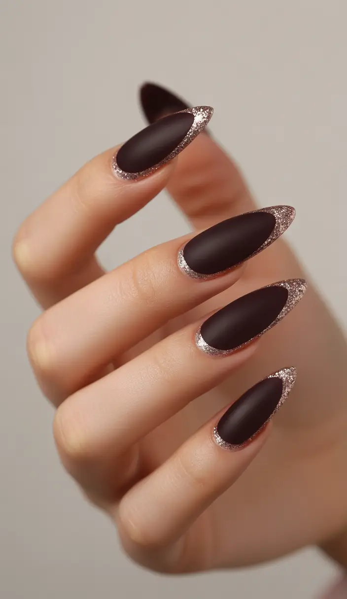 nails desig Velvet Matte Cocoa With Glitter-Shaped French Edges