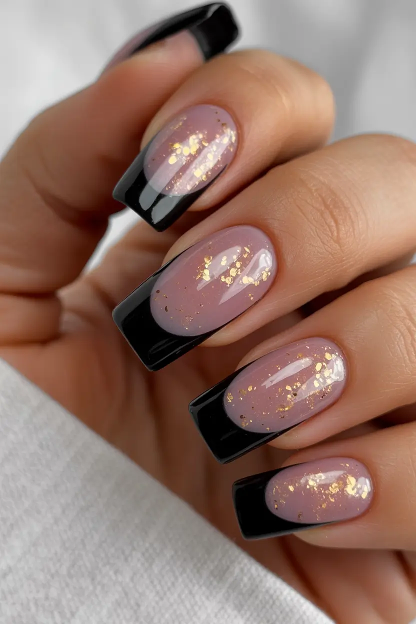 nails desig Black French Luxe With Soft Pink Glow and Gold Leaf
