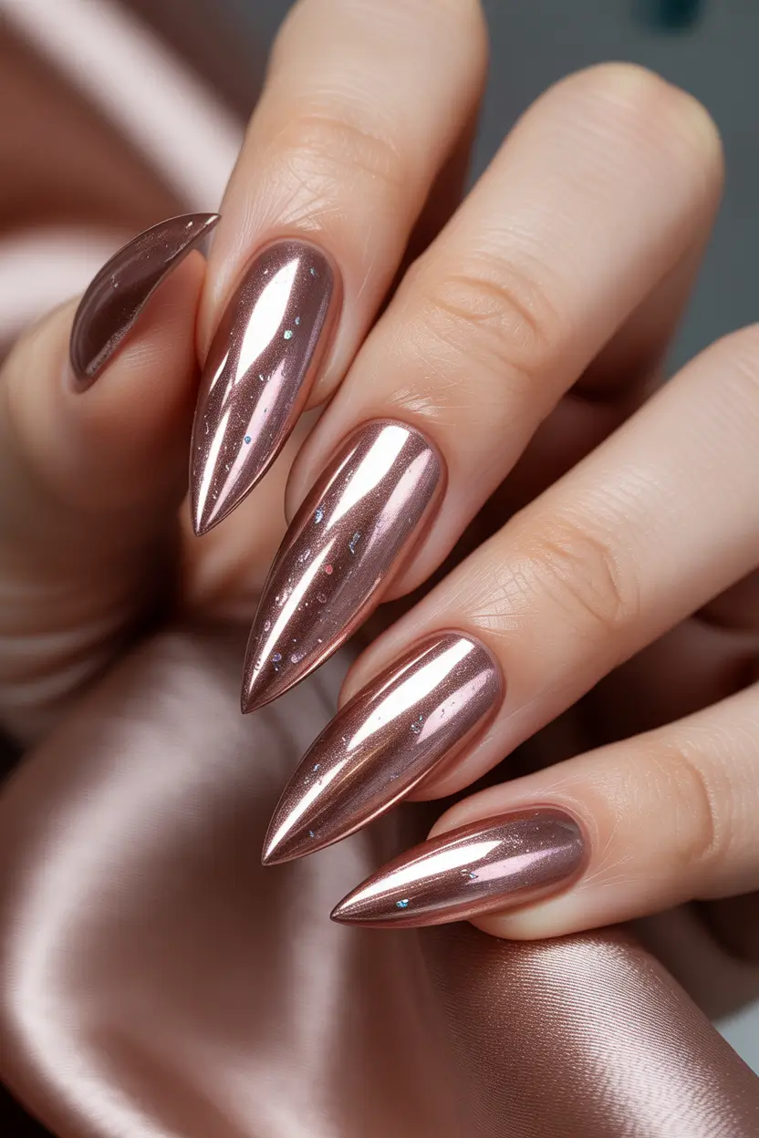 nails desig Rose Chrome Stiletto Shine With Micro Sparkle