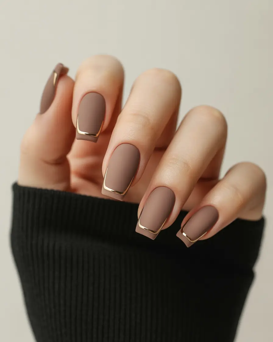 nails desig Matte Cocoa Minimalism With Gold Framed Tips