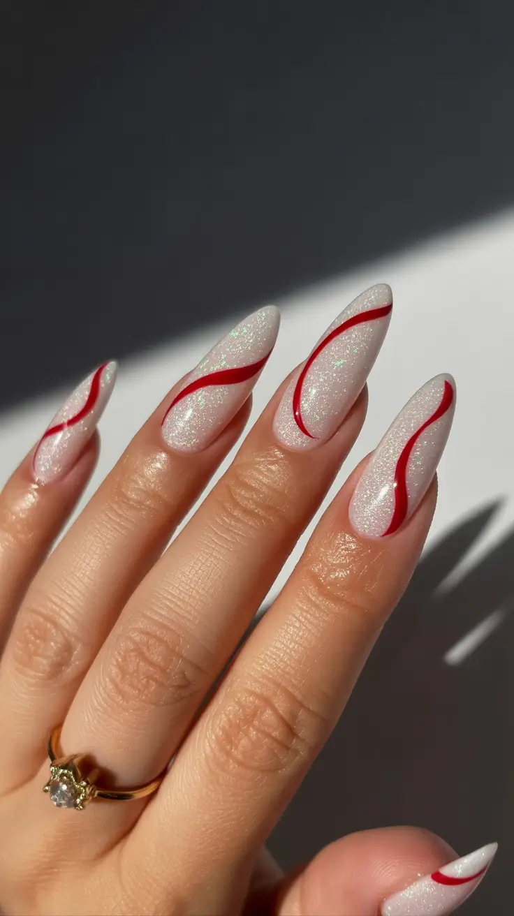 nails desig Glitter Snow Glow With Candy-Red Curves