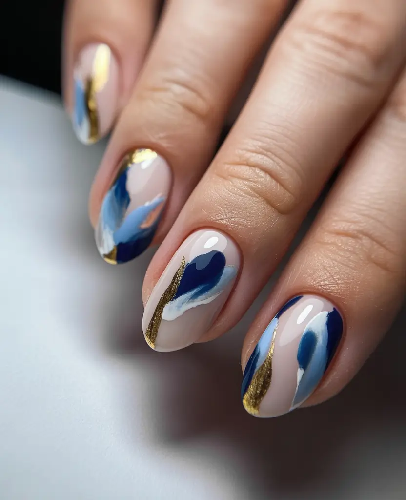 nails desig Blue Brushstroke Petals With Gold Accent Veins