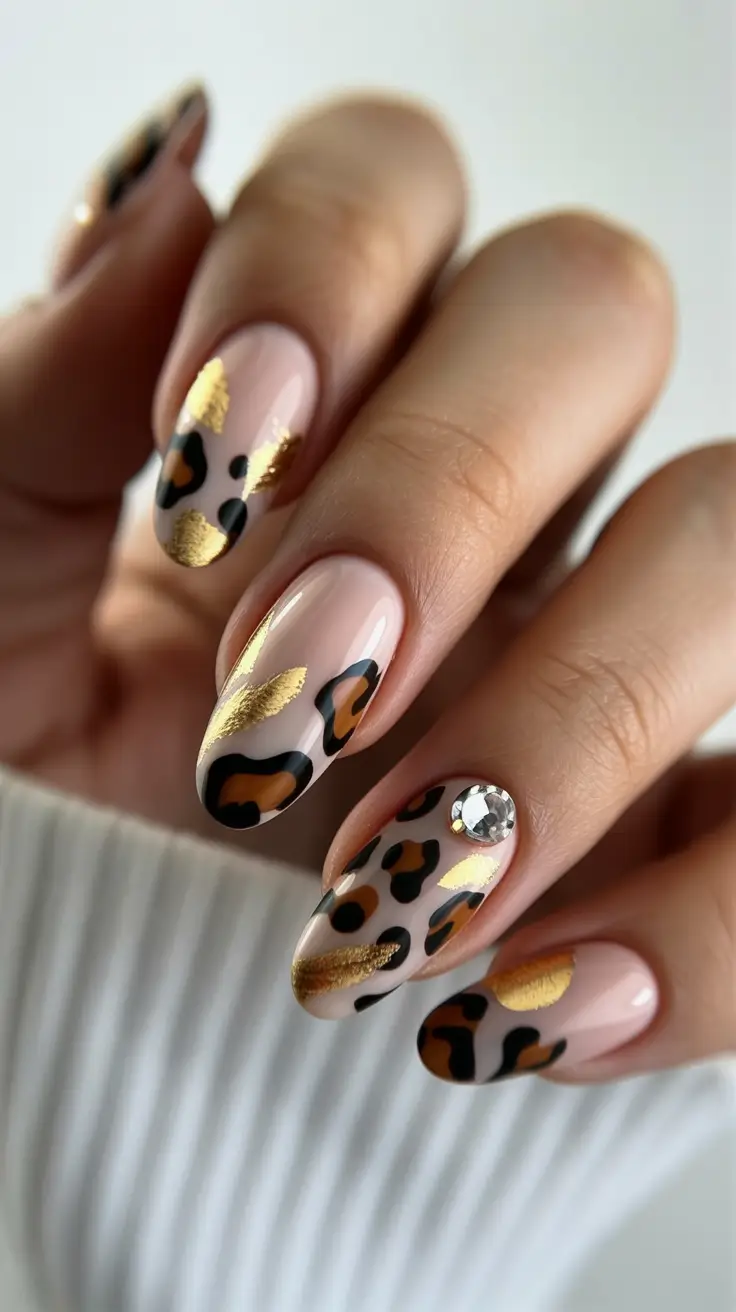 nails desig Leopard Gold Luxe With Crystal Accent