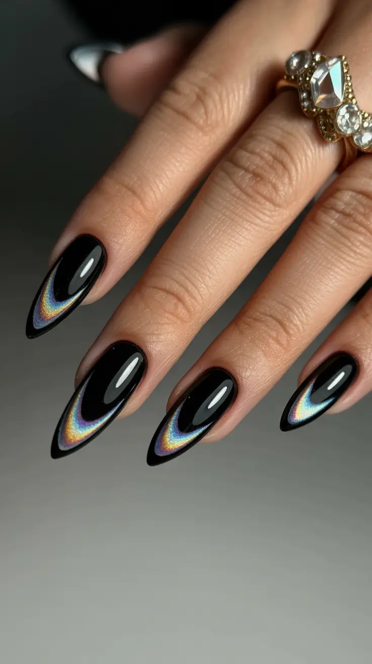 nails desig Black Aura Fade With Holographic Rings
