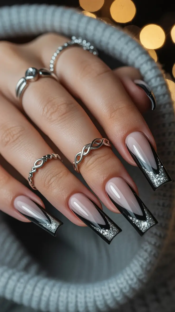 nails desig Midnight French With Smoky Angles and Silver Drama