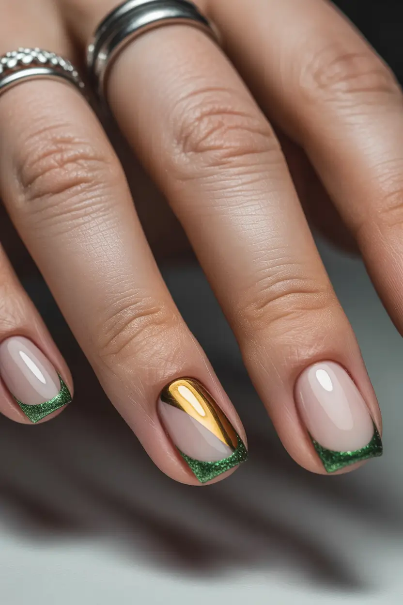 nails desig Emerald French Tips With Gold Chrome Accent