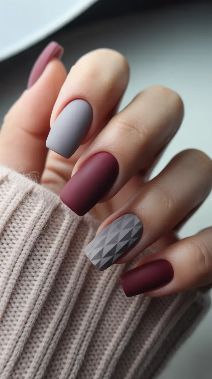 nails desig Matte Winter Berry & Soft Grey With Sculpted Texture