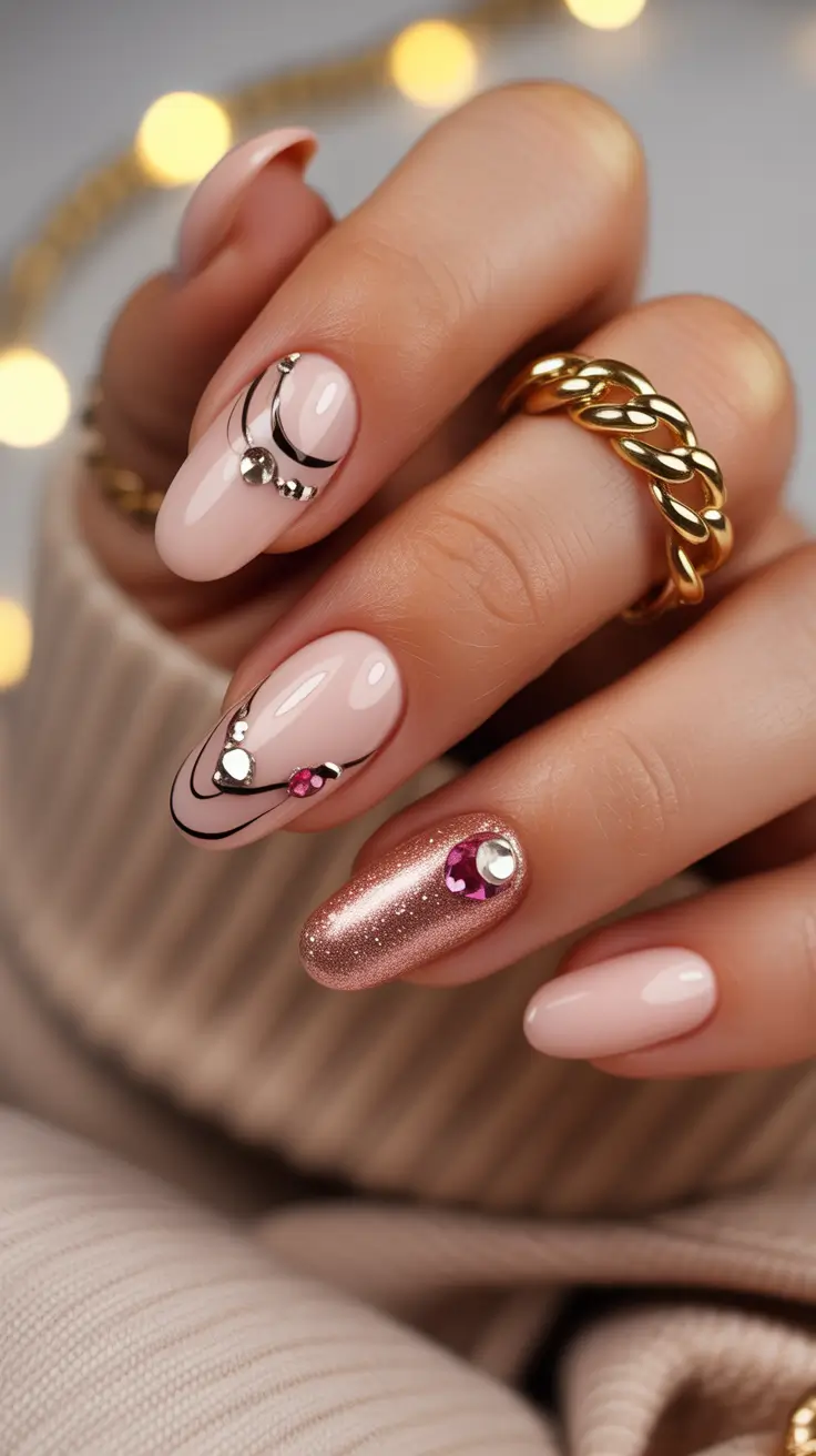 nails desig Rose Gold Sparkle & Gemstone Accents With Soft Linework