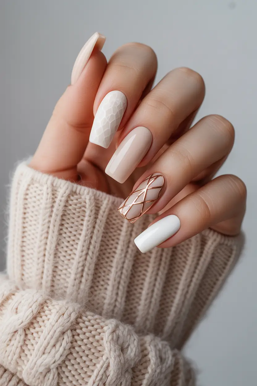 nails desig Warm Latte Neutrals With Geometric Gold Detailing