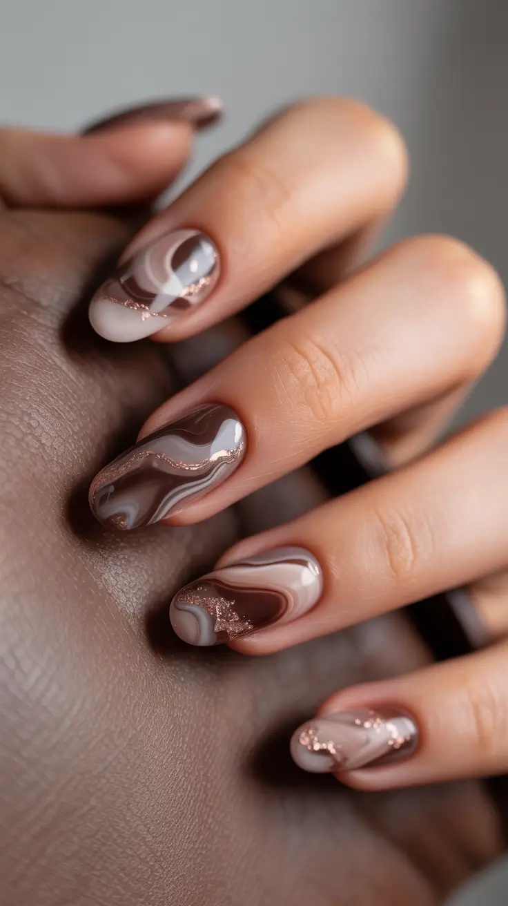 nails desig Marbled Cocoa Swirls With Rose-Gold Accents