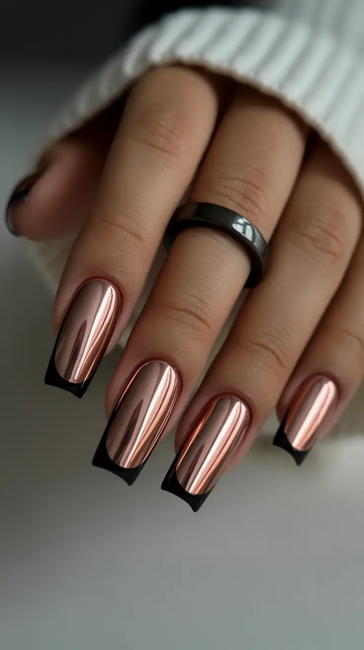 nails desig Bronzed Mirror Chrome With Sharp Black Framing