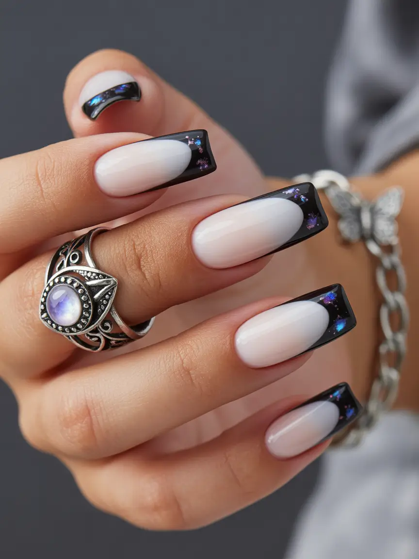 nails desig Galaxy-Dust French Fade With Cosmic Sparkles