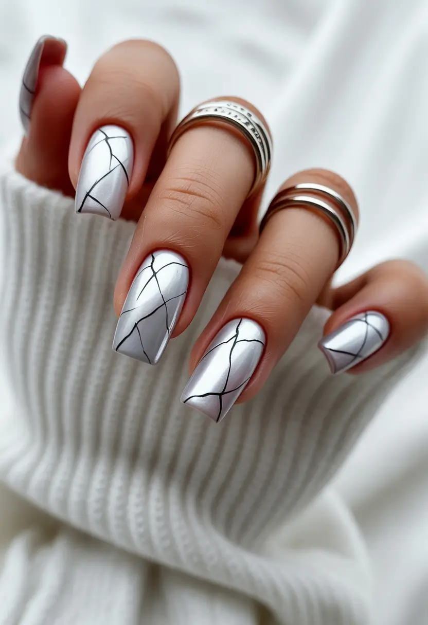 nails desig Frosted Silver Panels With Minimal Black Linework