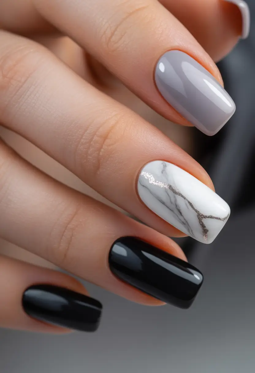 nail colors Monochrome Black and Grey with Marble Accent