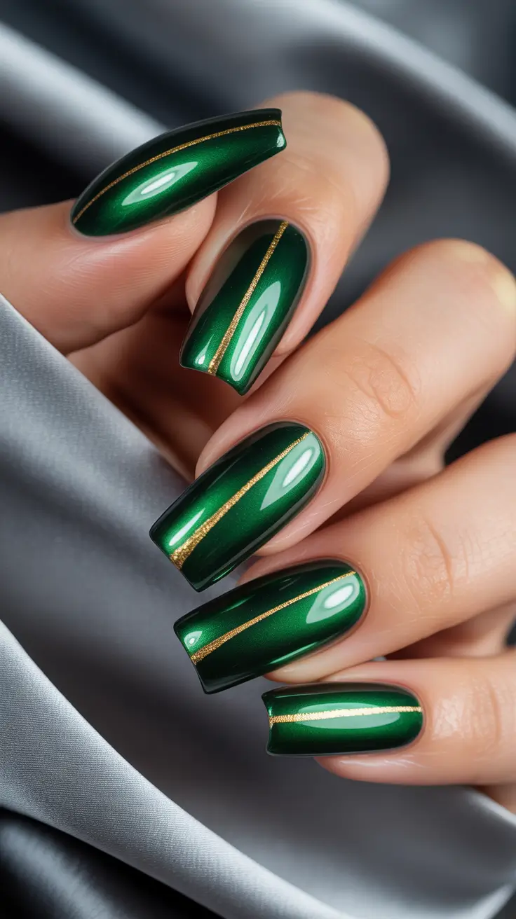 nail colors Emerald Green with Fine Gold Striping