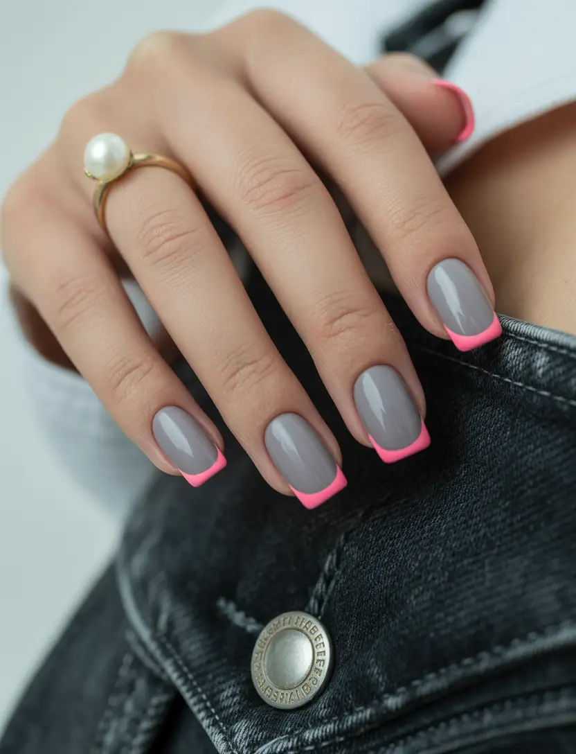nail colors Grey Base with Soft Pink French Tips