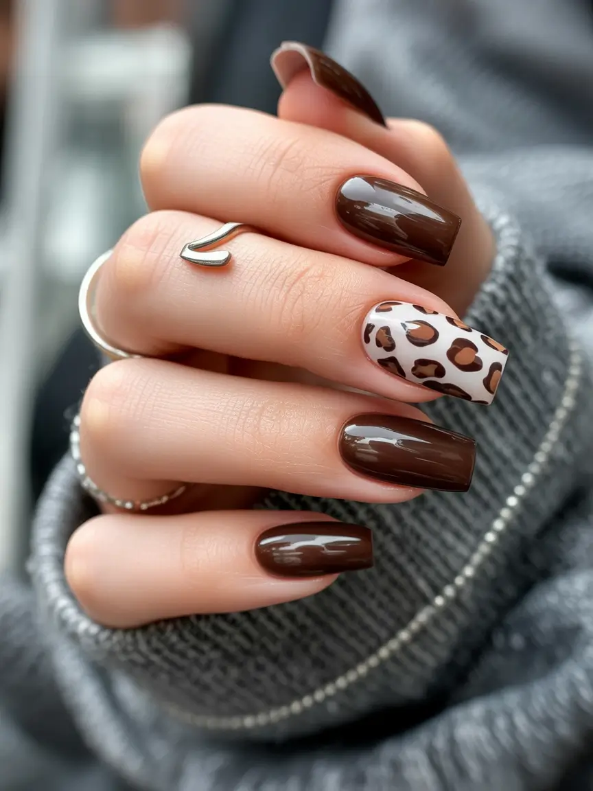 nail colors Chocolate Brown with Leopard Accent