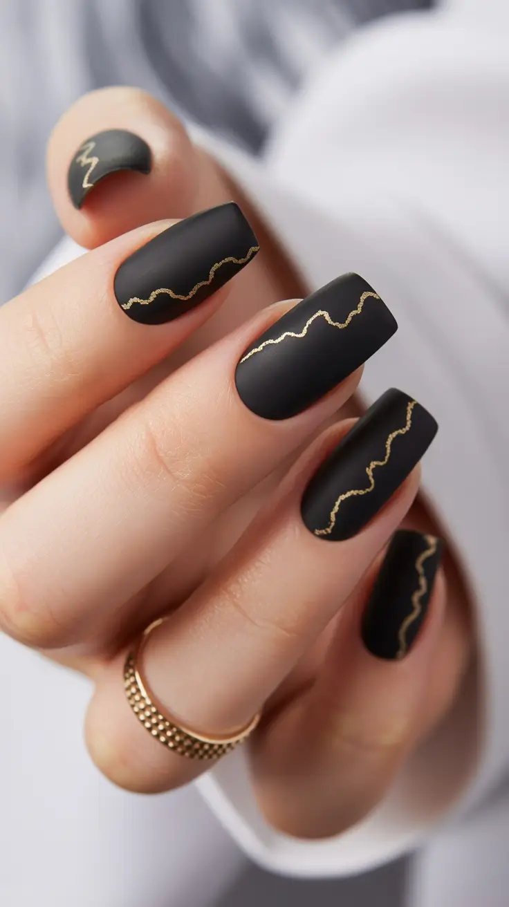 nail colors Matte Black with Subtle Gold Line Art