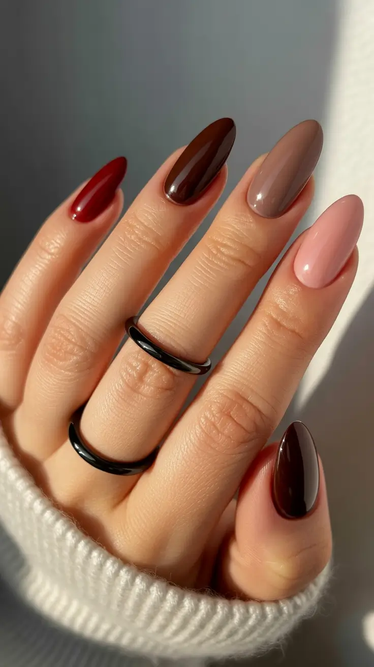 nail colors Moody Mix of Red, Brown, and Blush Solids
